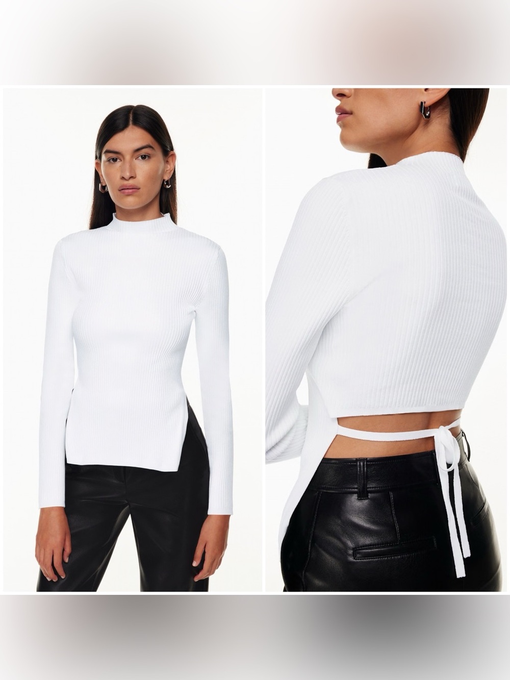 BABATON (Aritzia) Sculpt Knit Tie Back Mockneck Ribbed Sweater in white. XXS
